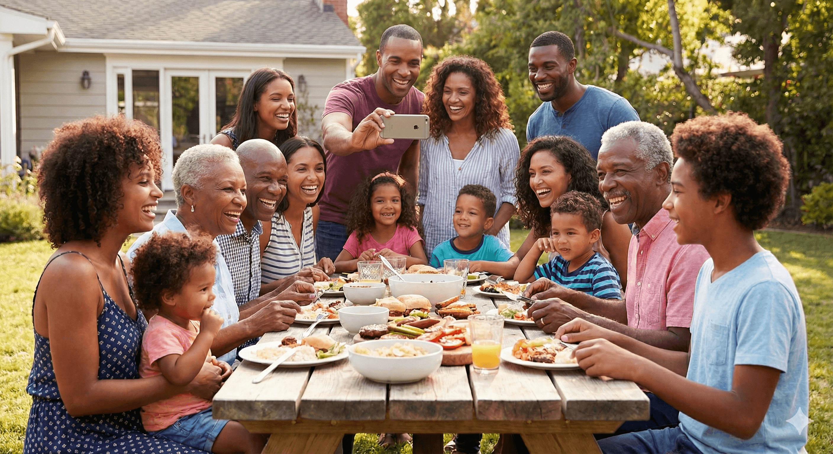 Family laughing together around a table